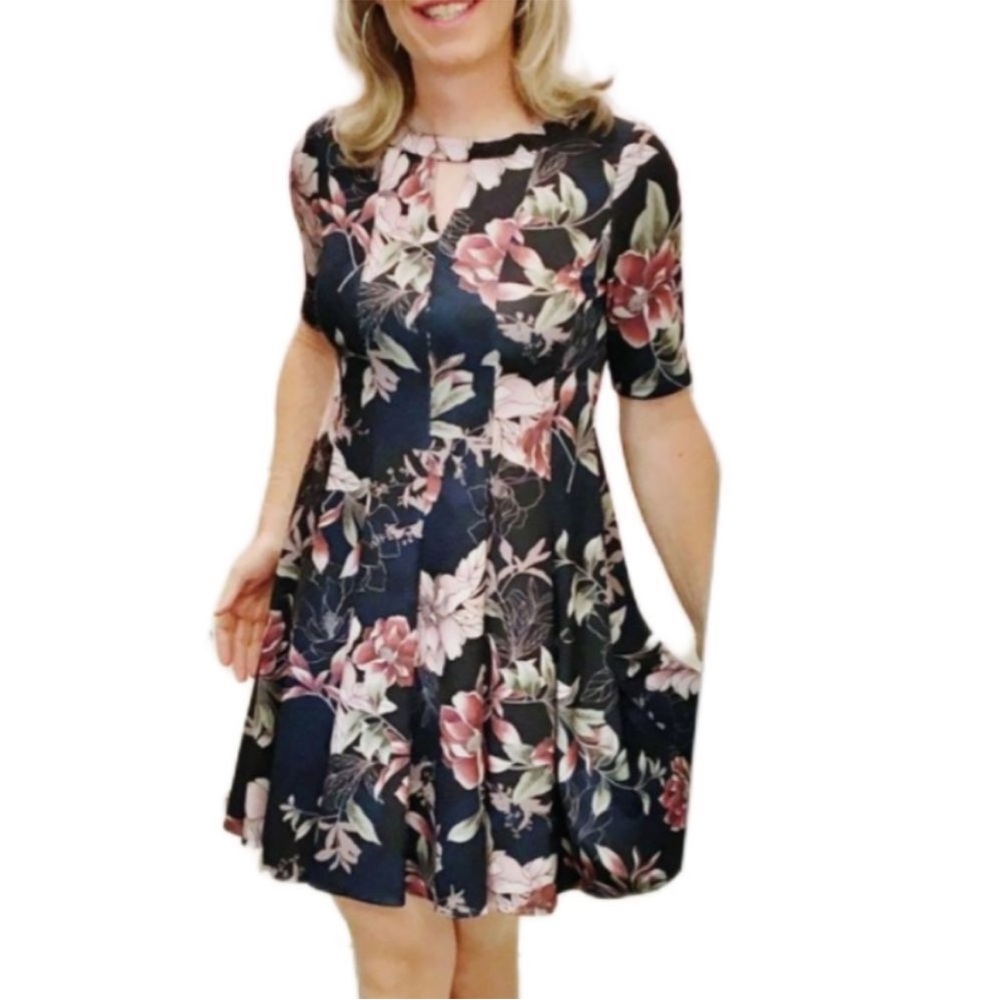 Roz & Ali Navy Floral Fit-and-Flare Dress with Pink Flowers